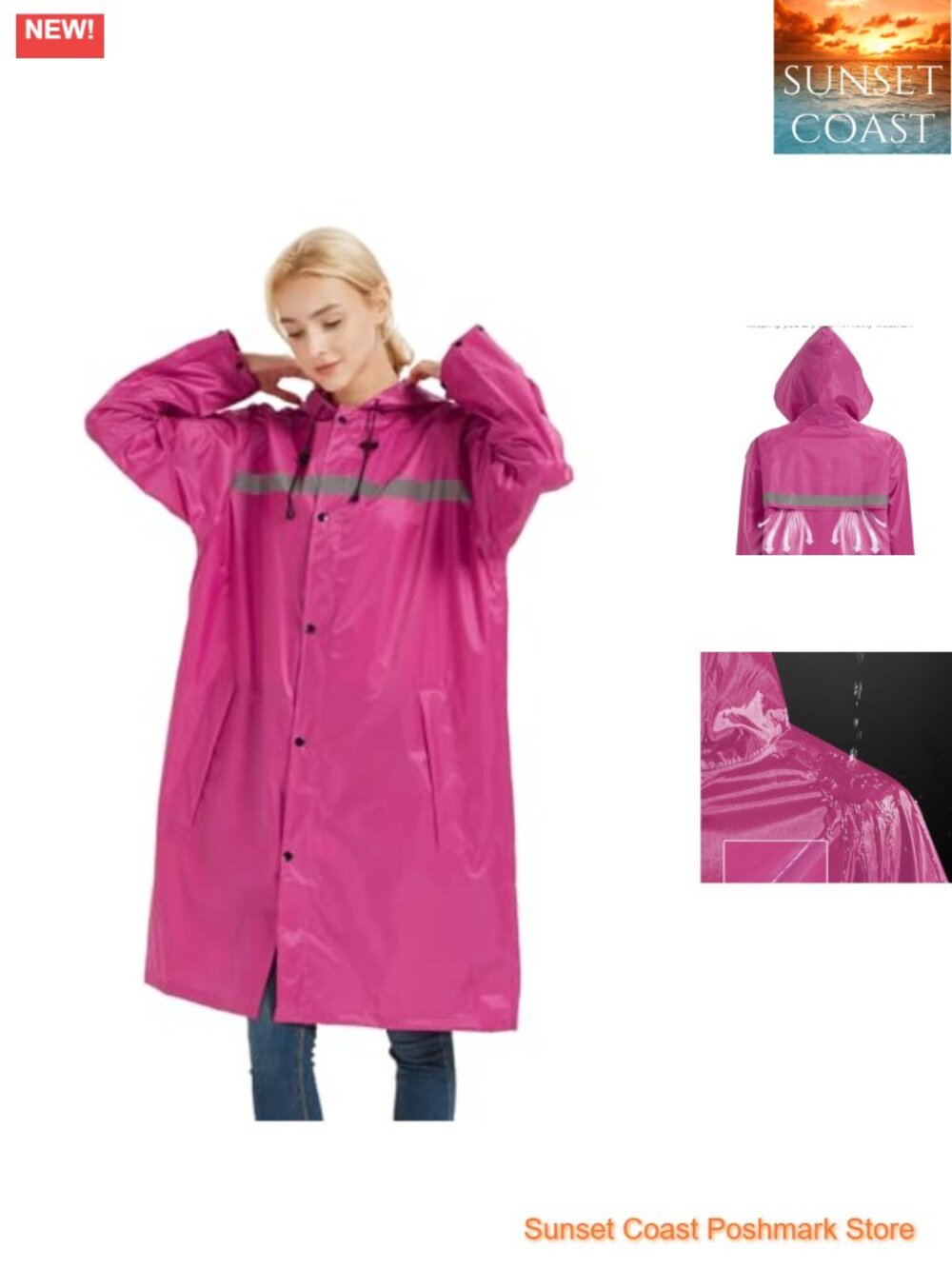 Women's Waterproof Raincoat with Hood Reflective Stripes Long Rain Jacket